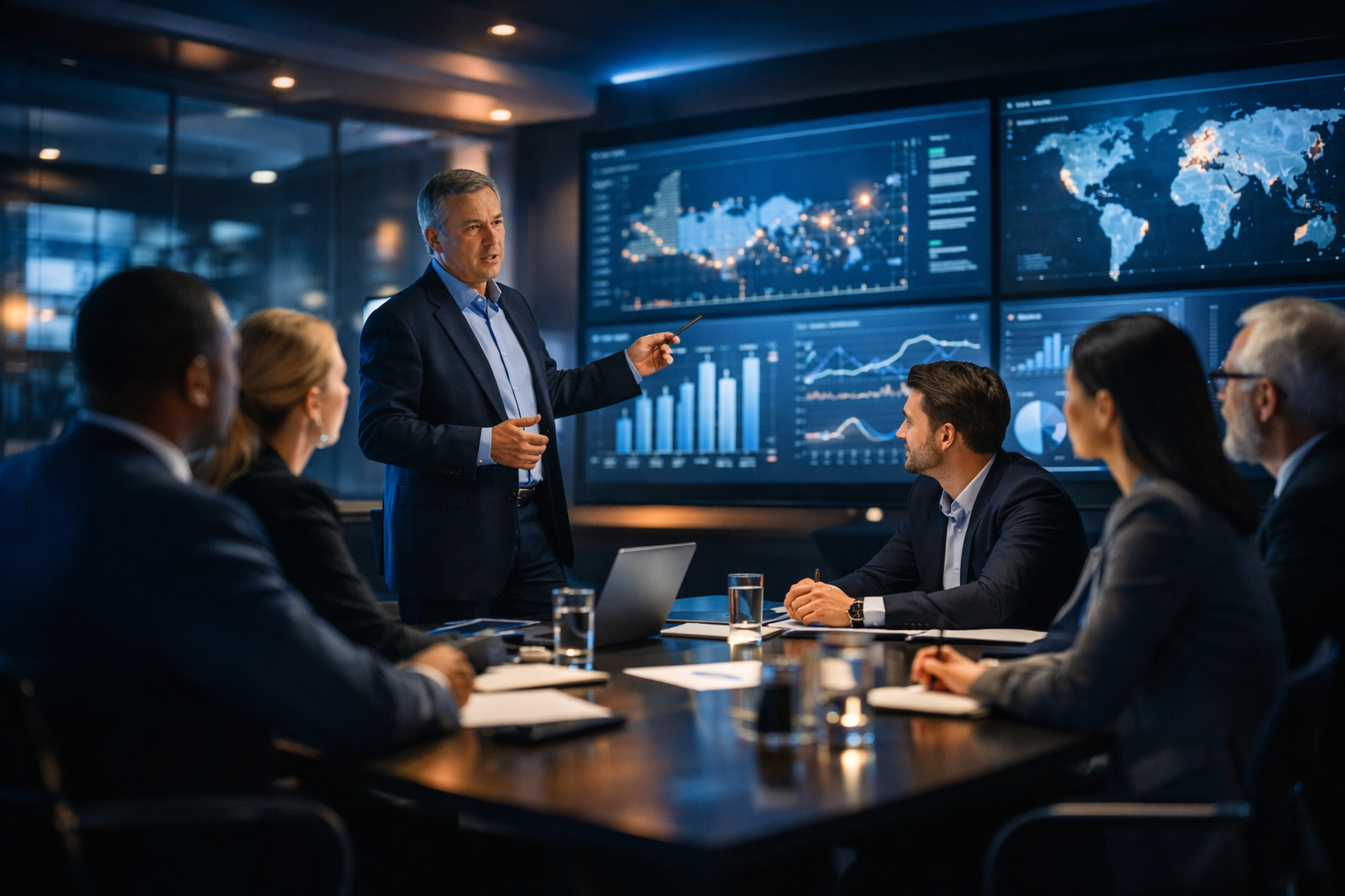 Professional team reviewing analytics data in a command center